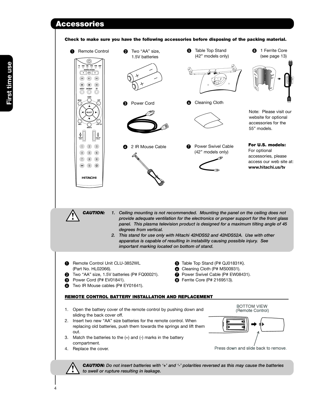 Hitachi 42HDS52A, 55HDS52 Accessories, For U.S. models, Remote Control Battery Installation and Replacement 