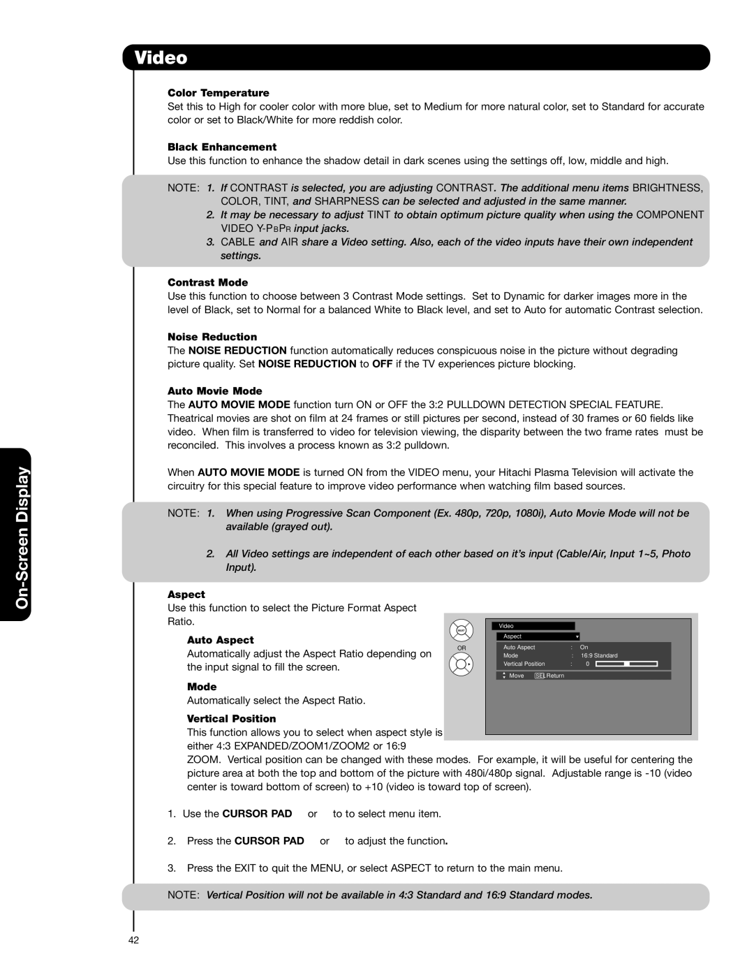 Hitachi 55HDS52 Color Temperature, Black Enhancement, Contrast Mode, Noise Reduction, Auto Movie Mode, Vertical Position 