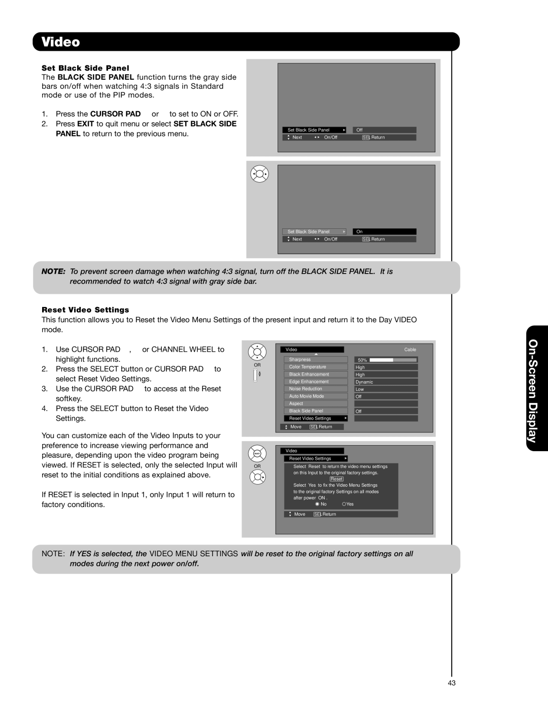 Hitachi 42HDS52A, 55HDS52 important safety instructions Set Black Side Panel, Reset Video Settings 