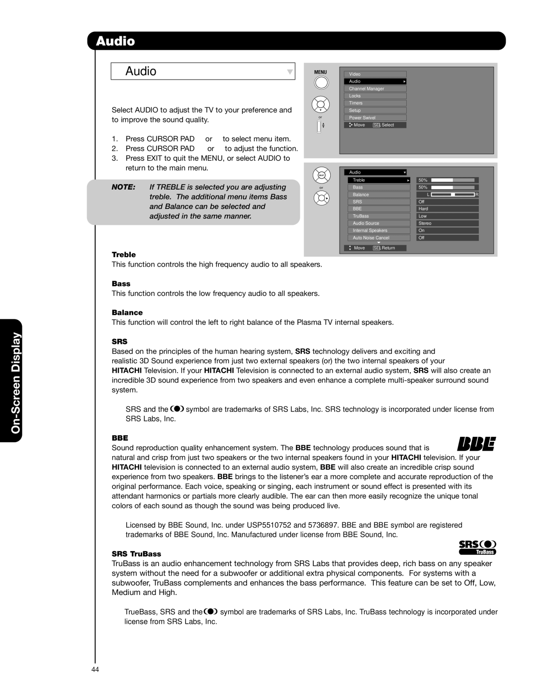 Hitachi 55HDS52, 42HDS52A important safety instructions Audio, Srs, Bbe 