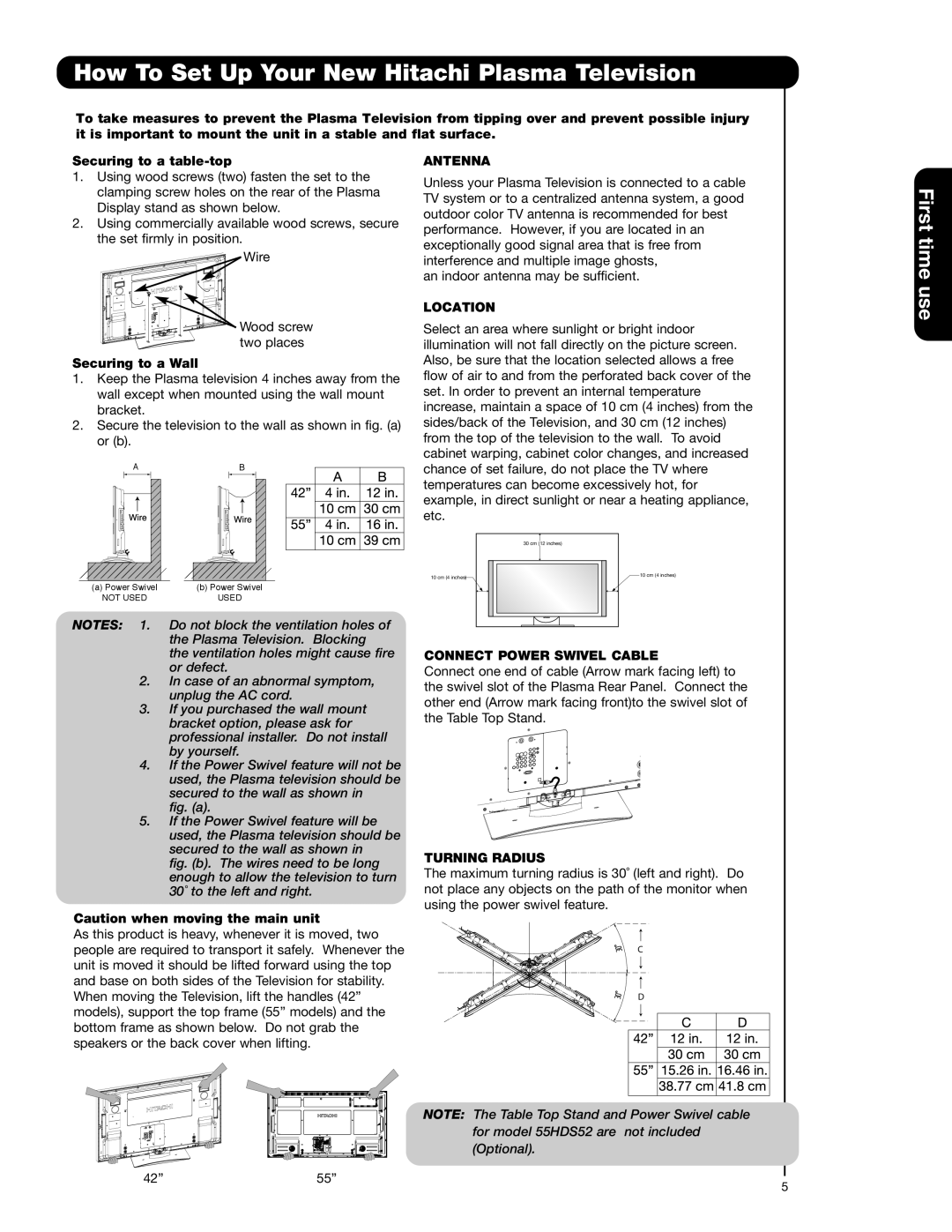 Hitachi 42HDS52, 55HDS52 How To Set Up Your New Hitachi Plasma Television, Antenna, Location, Connect Power Swivel Cable 