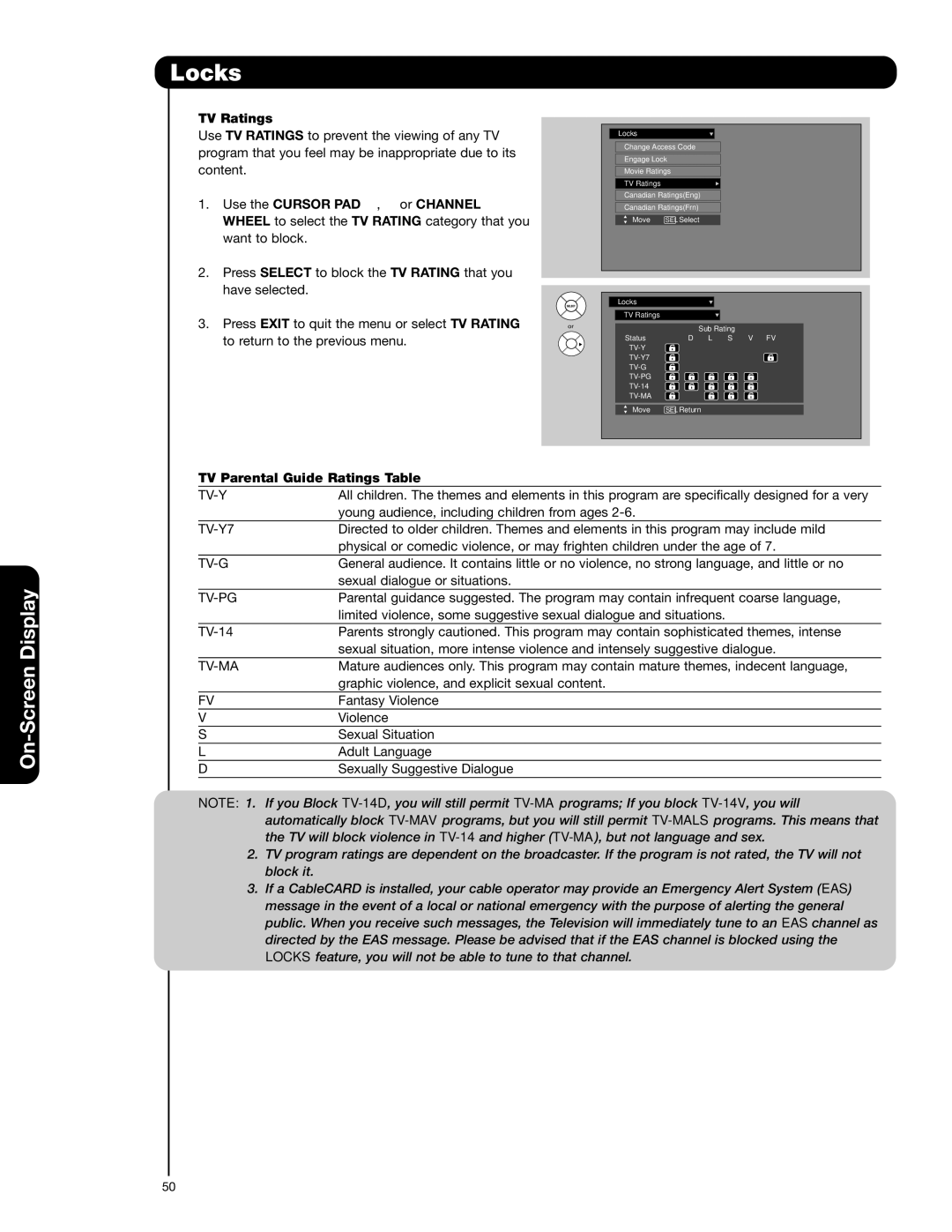 Hitachi 55HDS52, 42HDS52A TV Ratings, Use the Cursor PAD , or Channel, TV Parental Guide Ratings Table 