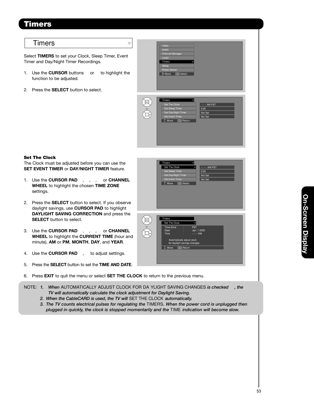 Hitachi 55HDS52, 42HDS52A important safety instructions Timers, Set The Clock 