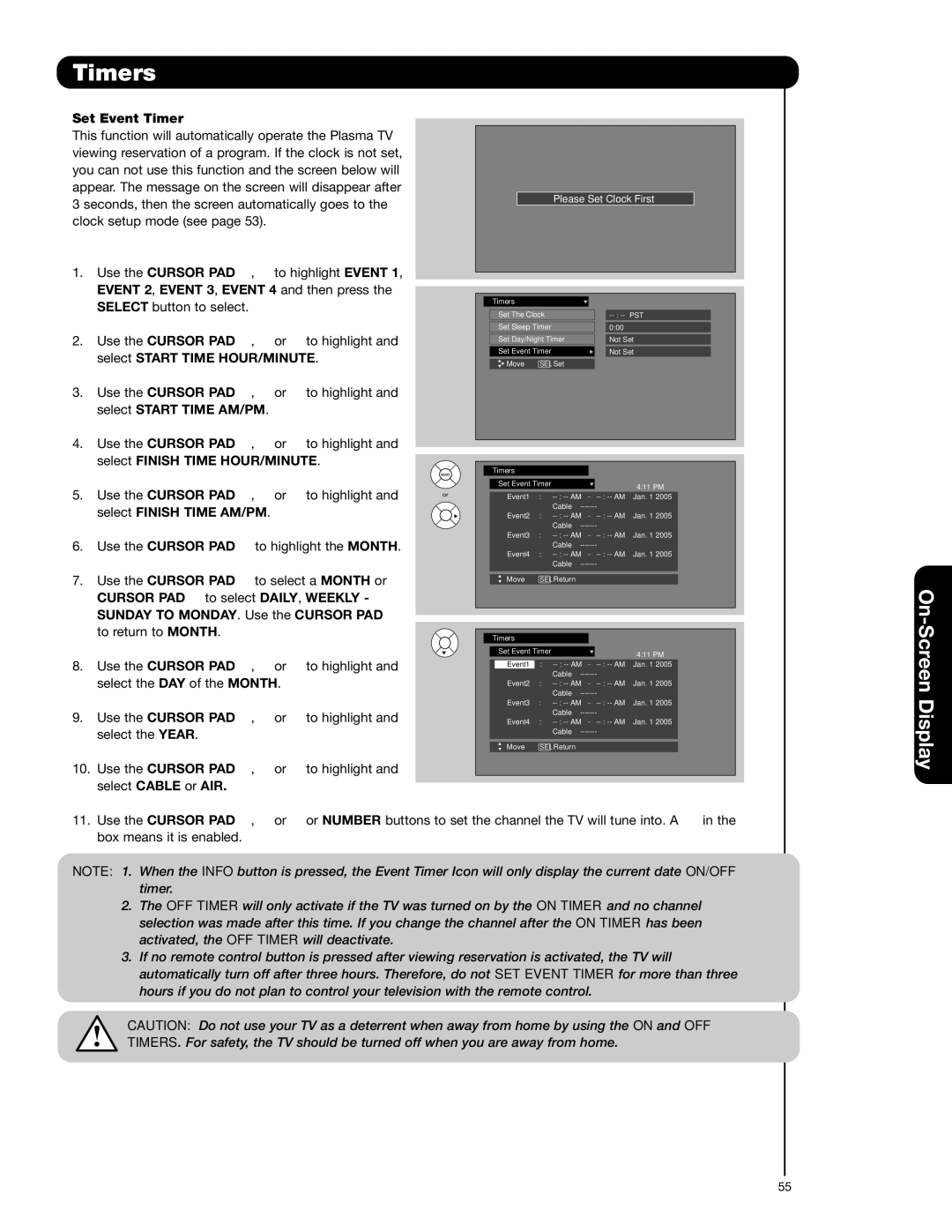 Hitachi 42HDS52A, 55HDS52 Set Event Timer, Event 2, Event 3, Event 4 and then press, Select Start Time HOUR/MINUTE 