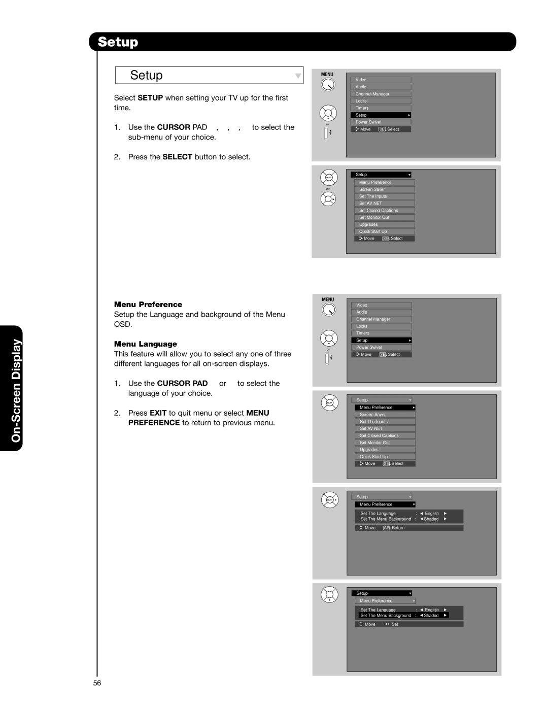 Hitachi 55HDS52, 42HDS52A important safety instructions Setup, Menu Preference, Menu Language 