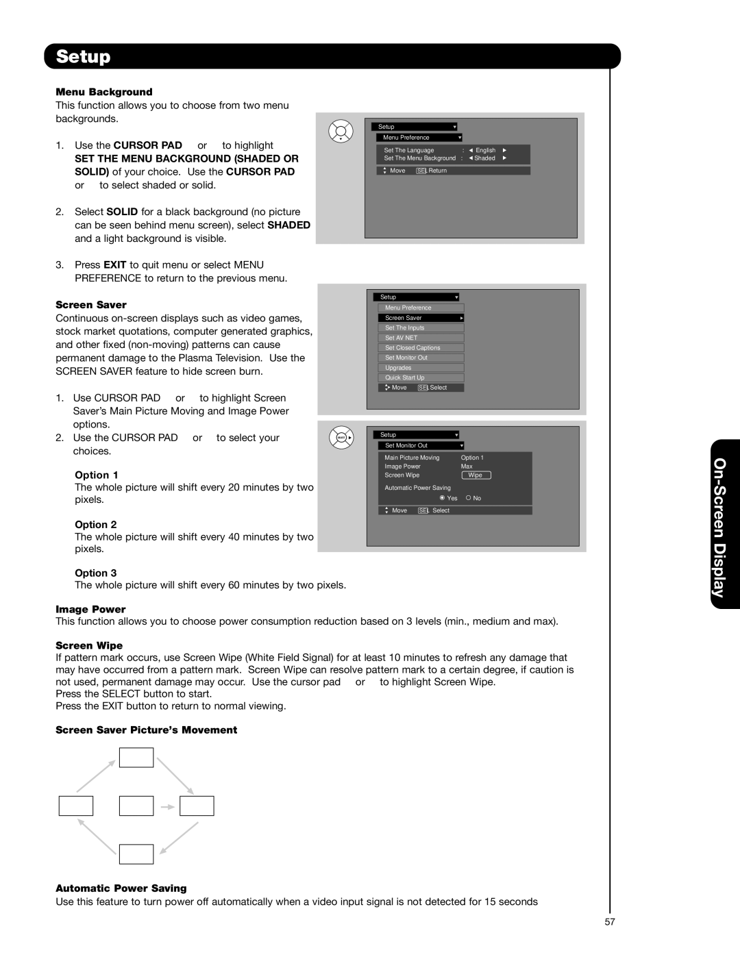 Hitachi 55HDS52, 42HDS52A important safety instructions Menu Background, Screen Saver, Option, Image Power, Screen Wipe 