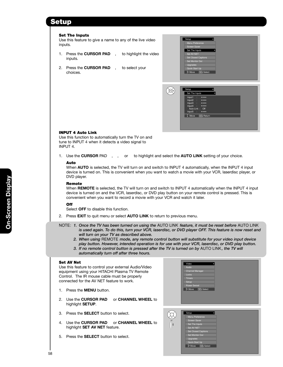 Hitachi 42HDS52A, 55HDS52 important safety instructions Set The Inputs, Input 4 Auto Link, Remote, Off, Set AV Net 