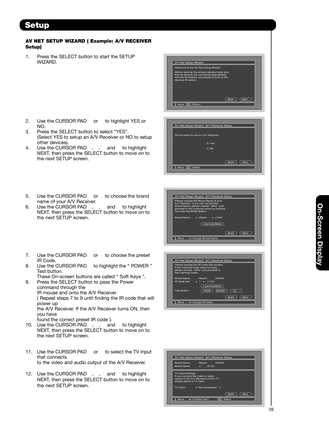 Hitachi 55HDS52, 42HDS52A important safety instructions AV NET Setup Wizard Example A/V Receiver Setup 