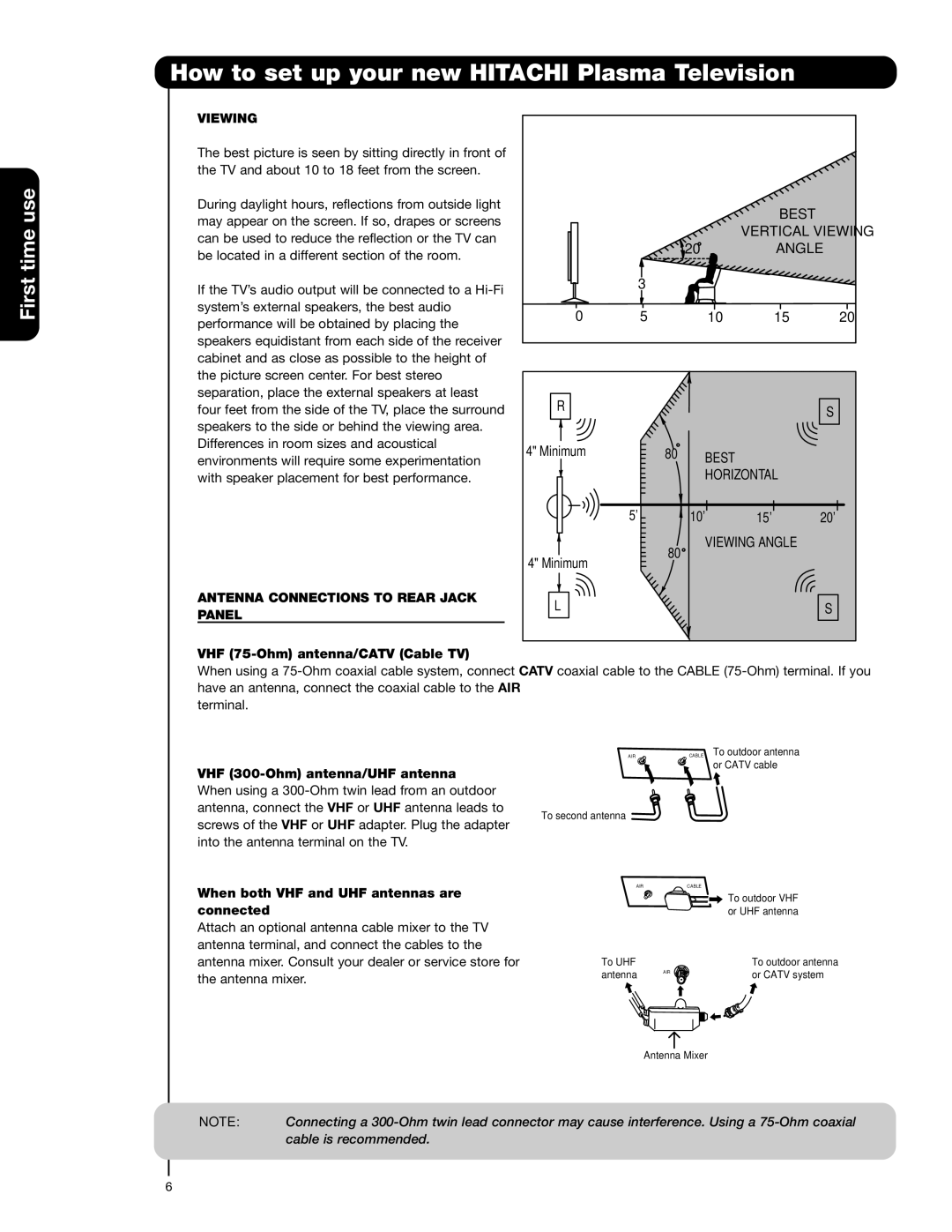 Hitachi 55HDS52, 42HDS52A important safety instructions Viewing, Antenna Connections to Rear Jack Panel 