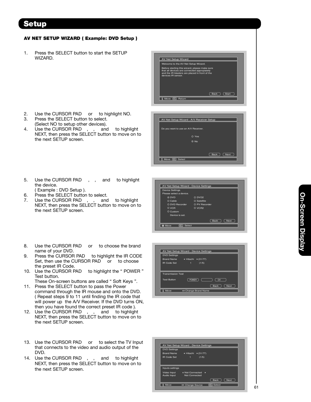 Hitachi 42HDS52A, 55HDS52 important safety instructions AV NET Setup Wizard Example DVD Setup 