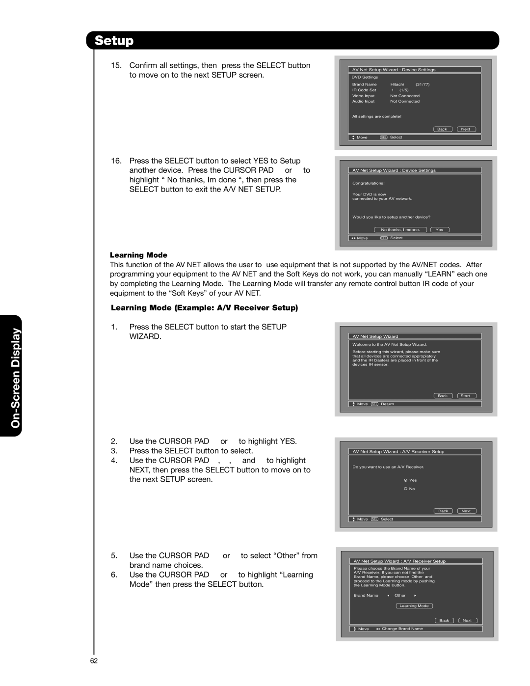 Hitachi 55HDS52, 42HDS52A important safety instructions Learning Mode Example A/V Receiver Setup 