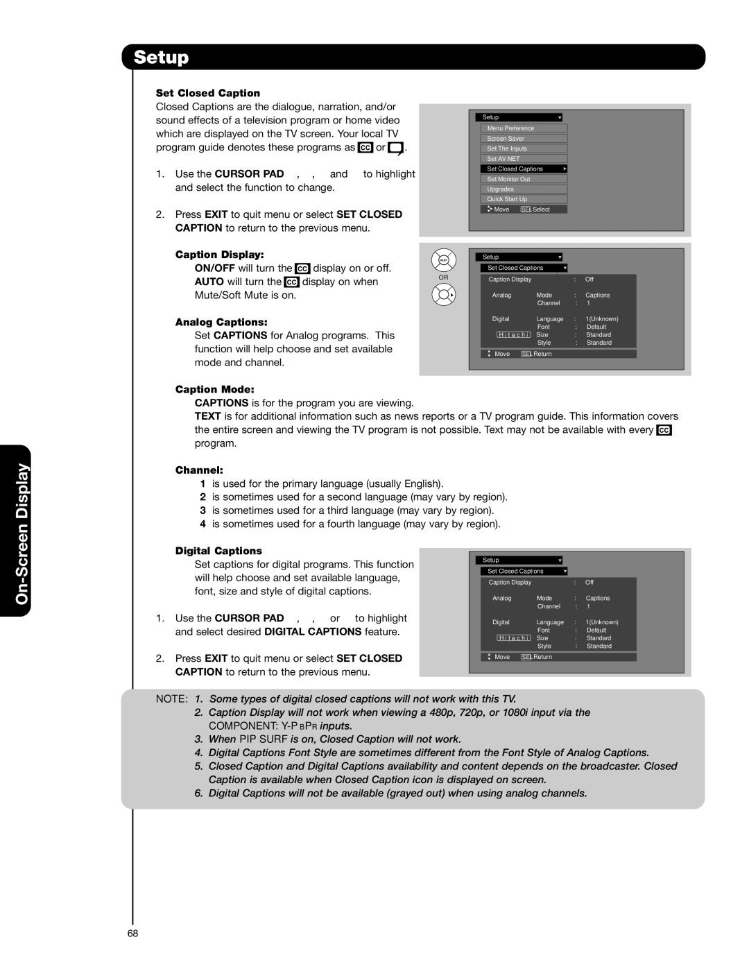 Hitachi 55HDS52, 42HDS52A Set Closed Caption, Caption Display, Analog Captions, Caption Mode, Channel 