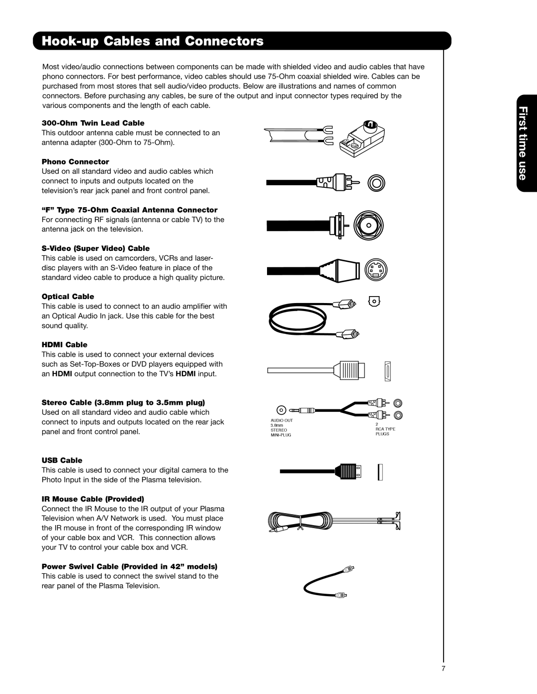 Hitachi 42HDS52A, 55HDS52 important safety instructions Hook-up Cables and Connectors 