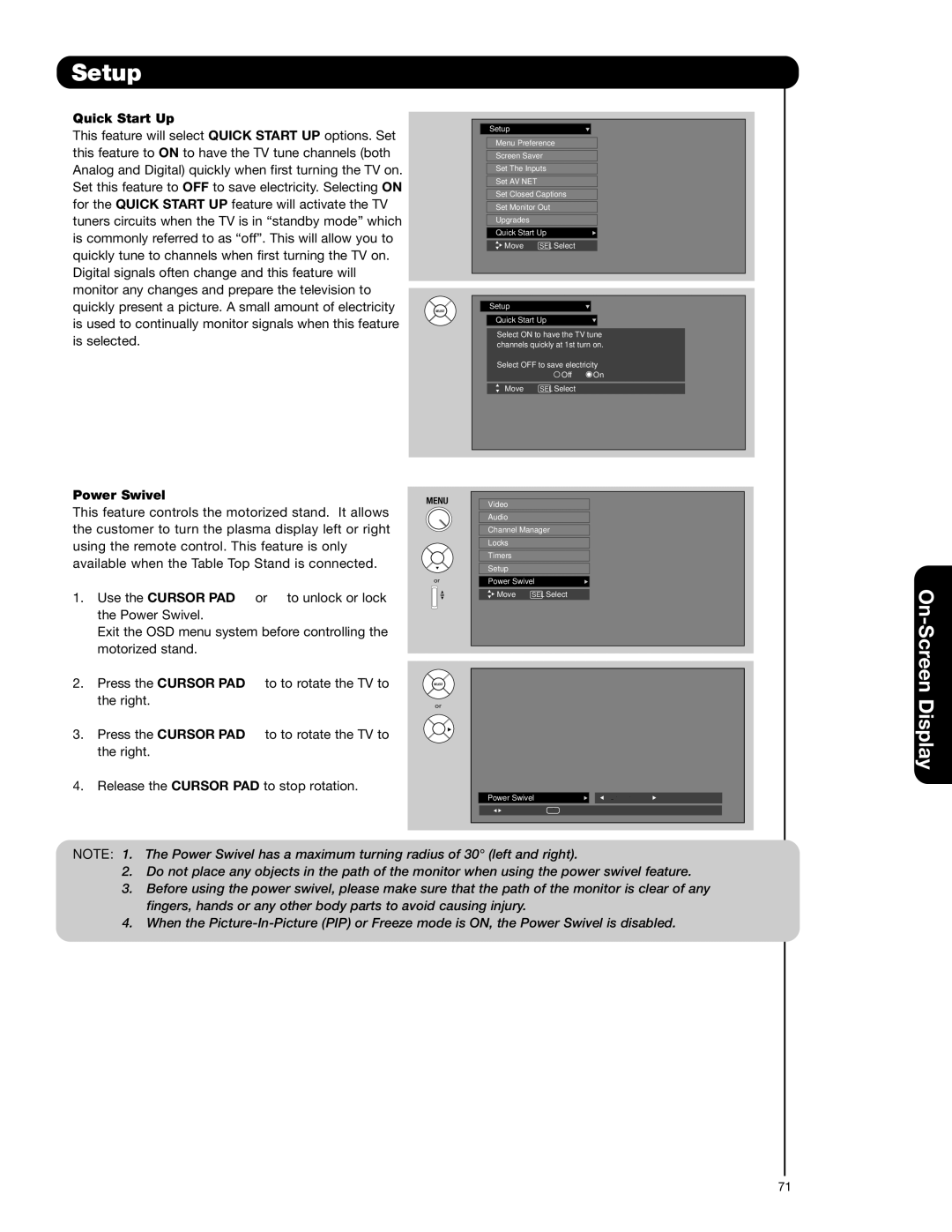 Hitachi 55HDS52, 42HDS52A important safety instructions Quick Start Up, Power Swivel 