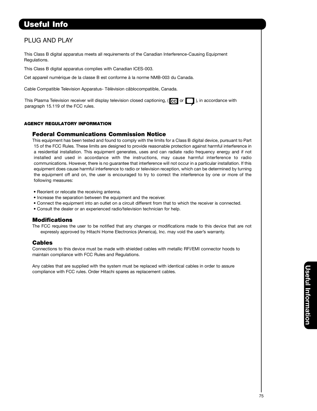 Hitachi 55HDS52, 42HDS52A important safety instructions Useful Info, Agency Regulatory Information 