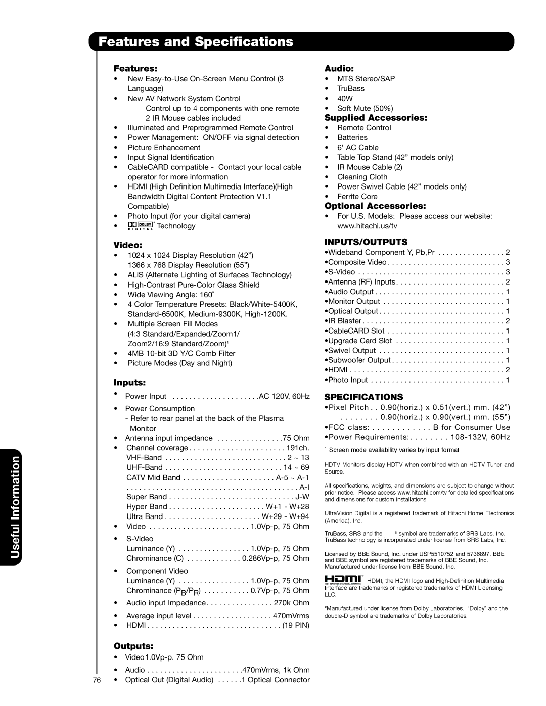 Hitachi 42HDS52A, 55HDS52 important safety instructions Features and Specifications, Features Audio 