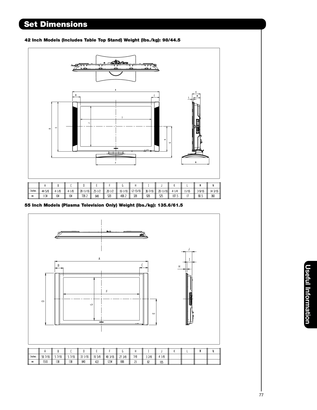 Hitachi 55HDS52, 42HDS52A important safety instructions Set Dimensions 