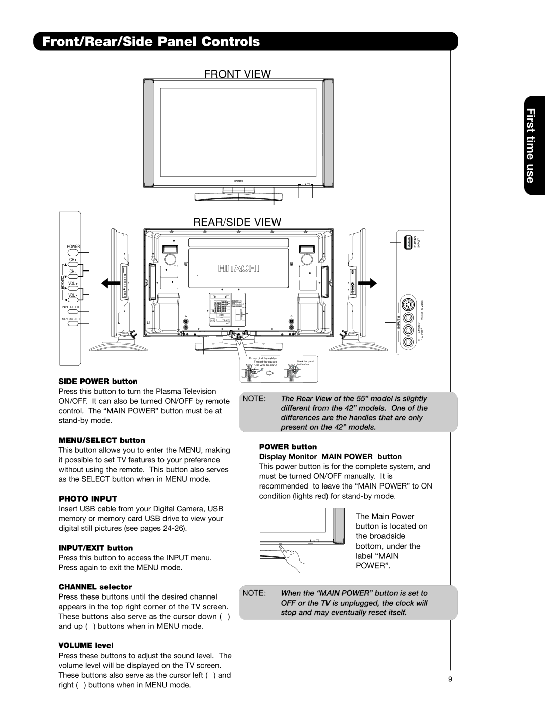 Hitachi 55HDS52, 42HDS52A important safety instructions Front/Rear/Side Panel Controls 