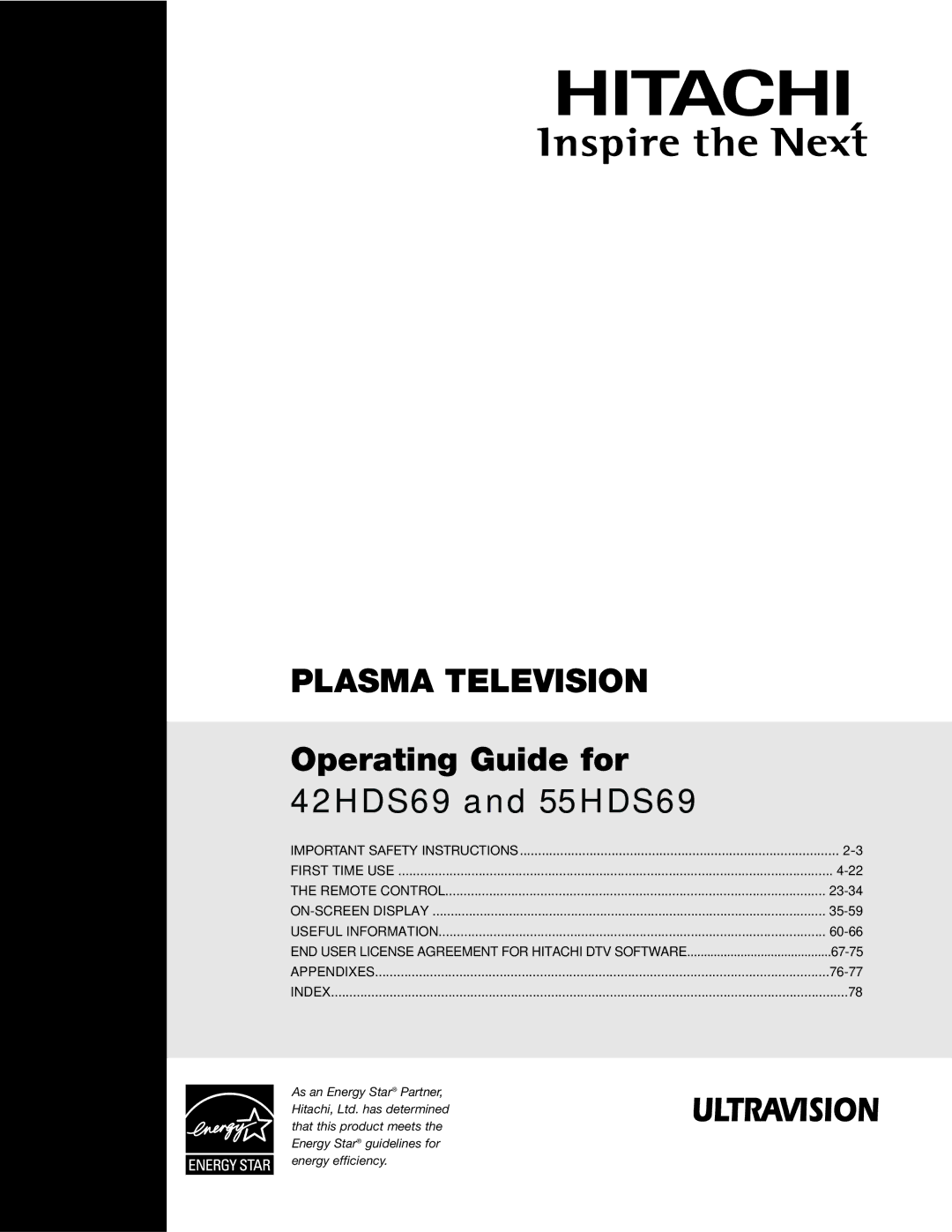 Hitachi 42HDS69, 55HDS69 important safety instructions Plasma Television 