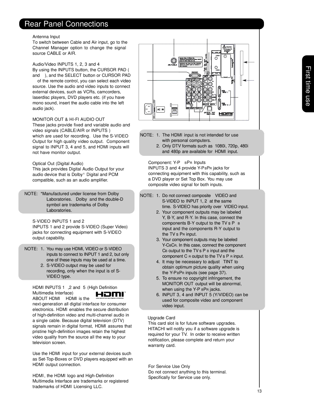 Hitachi 42HDS69, 55HDS69 important safety instructions Rear Panel Connections, Monitor OUT & HI-FI Audio OUT 