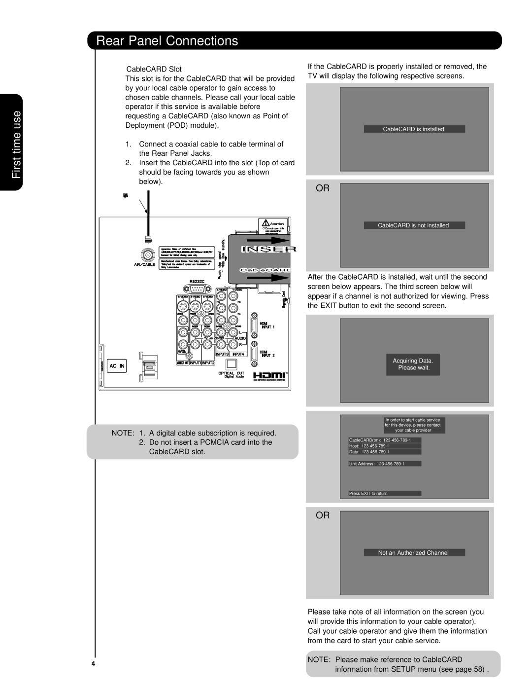 Hitachi 55HDS69, 42HDS69 important safety instructions CableCARD Slot, Information from Setup menu see 