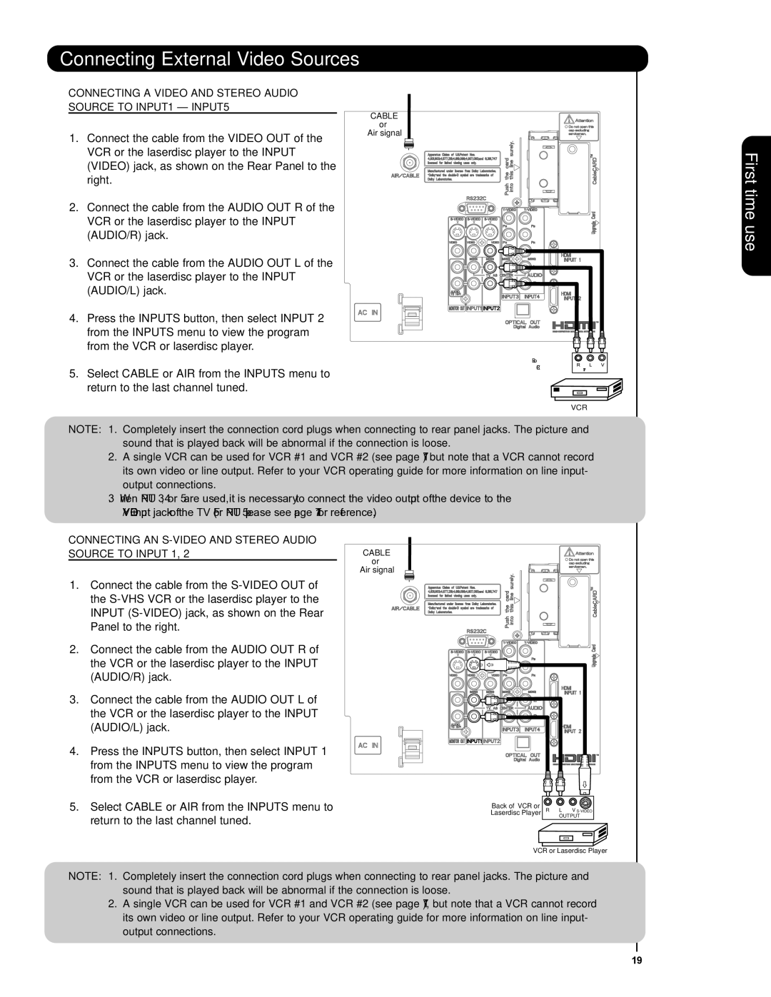 Hitachi 42HDS69, 55HDS69 important safety instructions Connecting a Video and Stereo Audio Source to INPUT1 INPUT5 