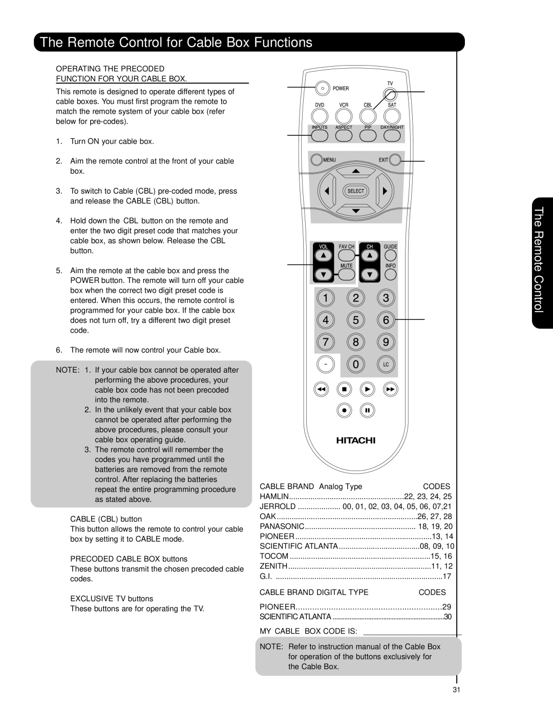 Hitachi 42HDS69, 55HDS69 Remote Control for Cable Box Functions, Operating the Precoded Function for Your Cable BOX, Codes 