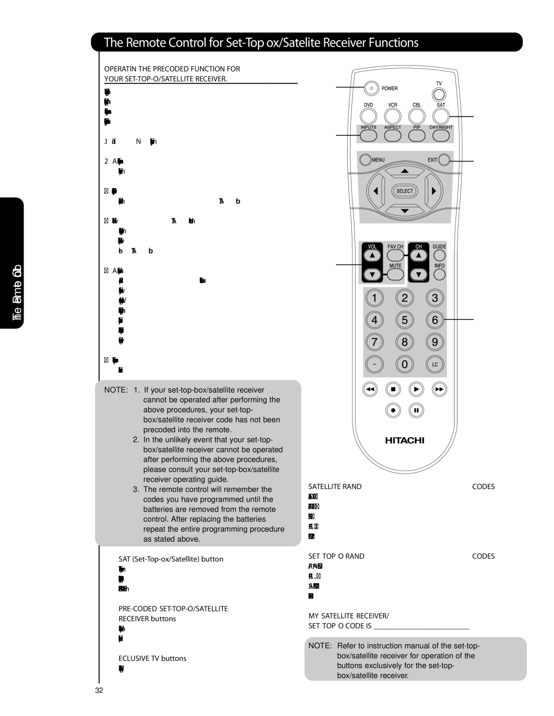 Hitachi 55HDS69 Remote Control for Set-Top Box/Satelite Receiver Functions, Satellite Brand Codes, SET TOP BOX Brand Codes 