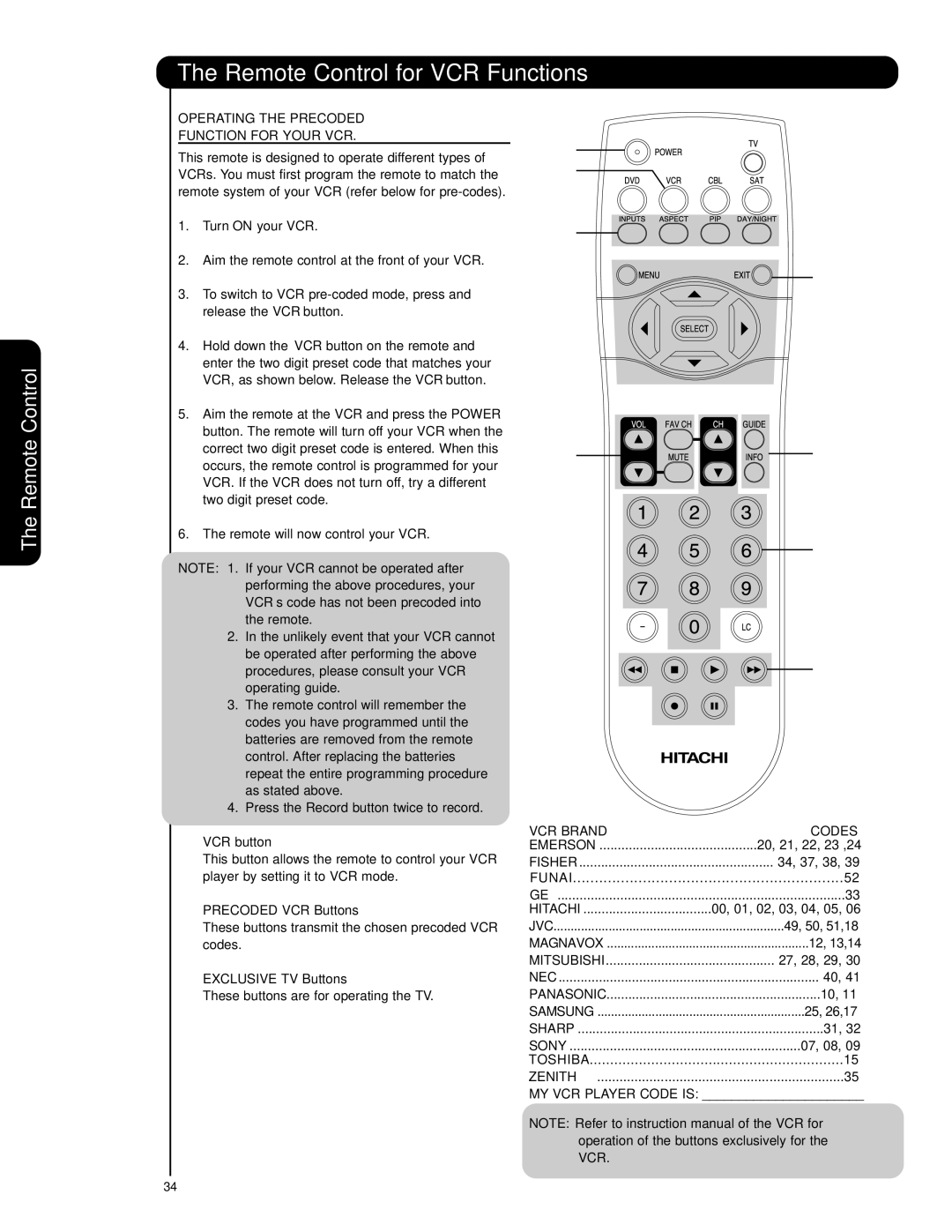 Hitachi 55HDS69, 42HDS69 Remote Control for VCR Functions, Operating the Precoded Function for Your VCR, VCR Brand Codes 