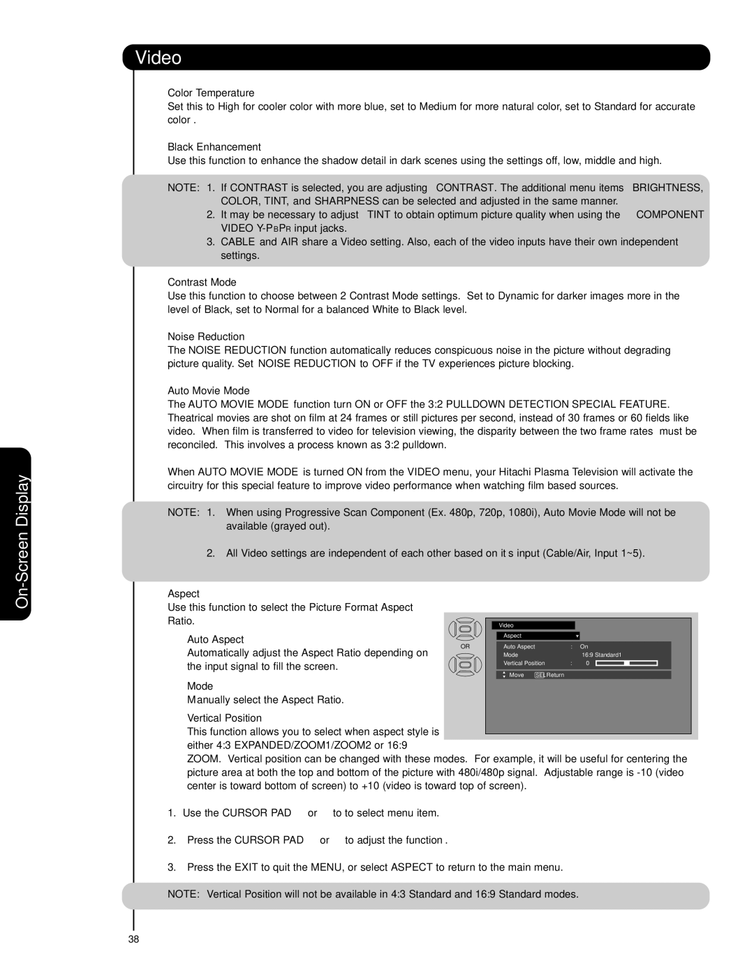 Hitachi 55HDS69 Color Temperature, Black Enhancement, Contrast Mode, Noise Reduction, Auto Movie Mode, Vertical Position 