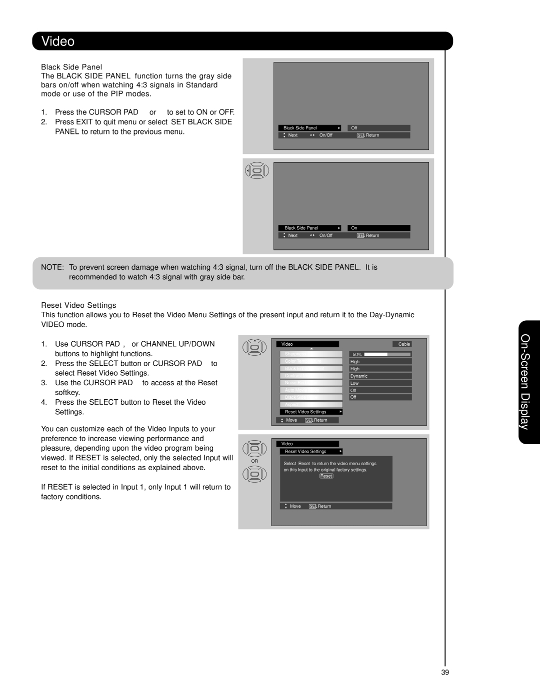 Hitachi 42HDS69, 55HDS69 important safety instructions Black Side Panel, Reset Video Settings 