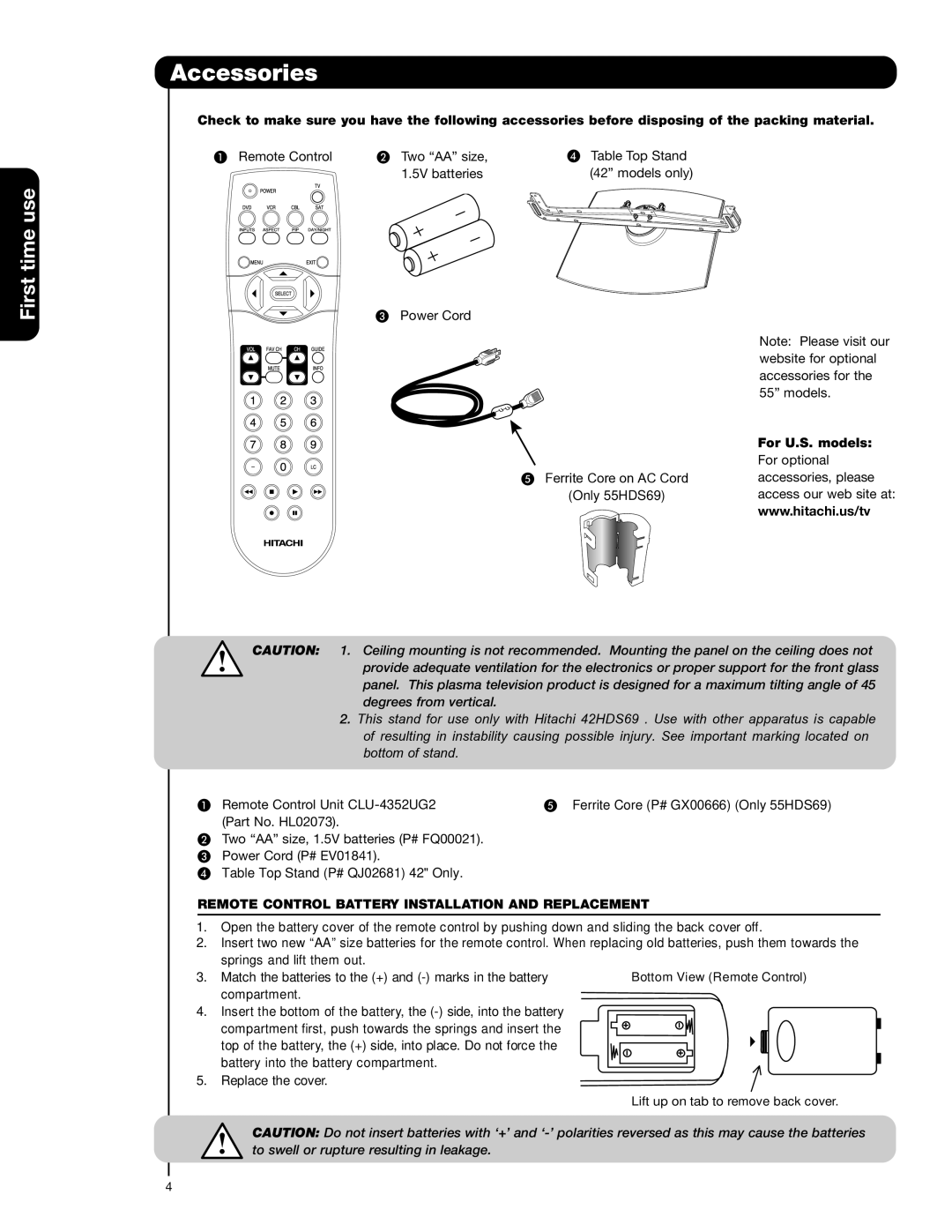 Hitachi 55HDS69, 42HDS69 Accessories, For U.S. models, Remote Control Battery Installation and Replacement 