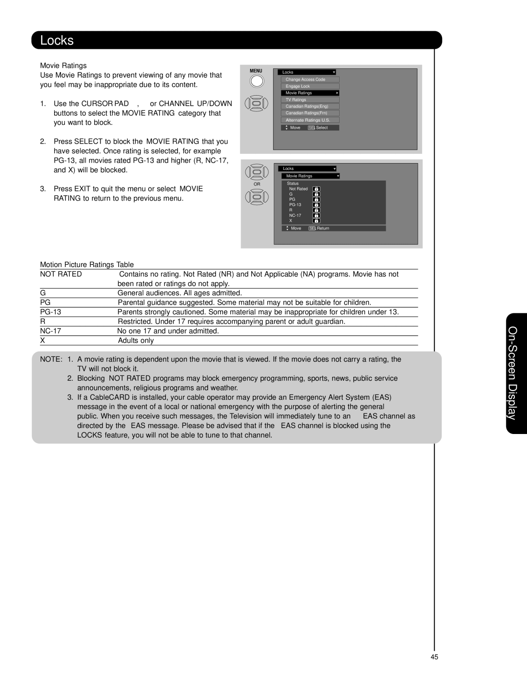 Hitachi 42HDS69, 55HDS69 important safety instructions Movie Ratings, Motion Picture Ratings Table 