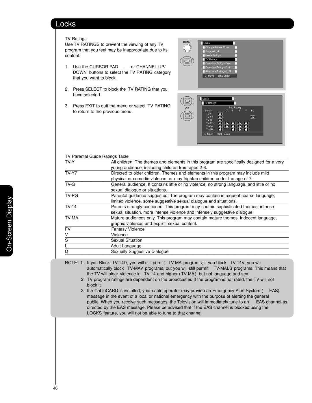 Hitachi 55HDS69, 42HDS69 important safety instructions TV Ratings, TV Parental Guide Ratings Table 