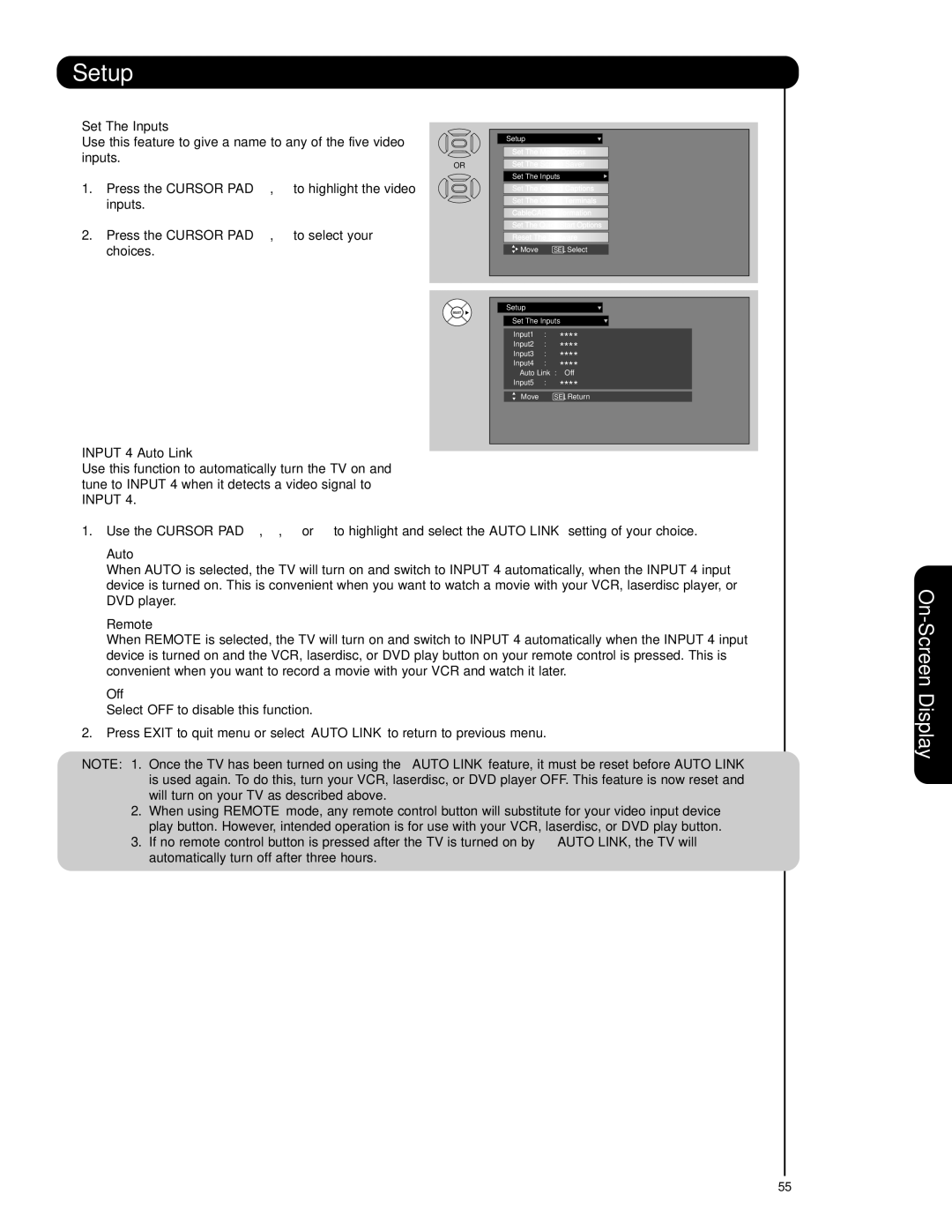 Hitachi 42HDS69, 55HDS69 important safety instructions Set The Inputs, Input 4 Auto Link, Remote, Off 