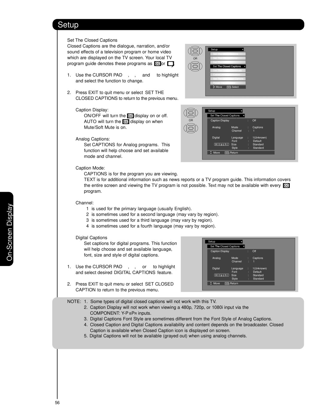 Hitachi 55HDS69, 42HDS69 Set The Closed Captions, Caption Display, Analog Captions, Caption Mode, Channel 