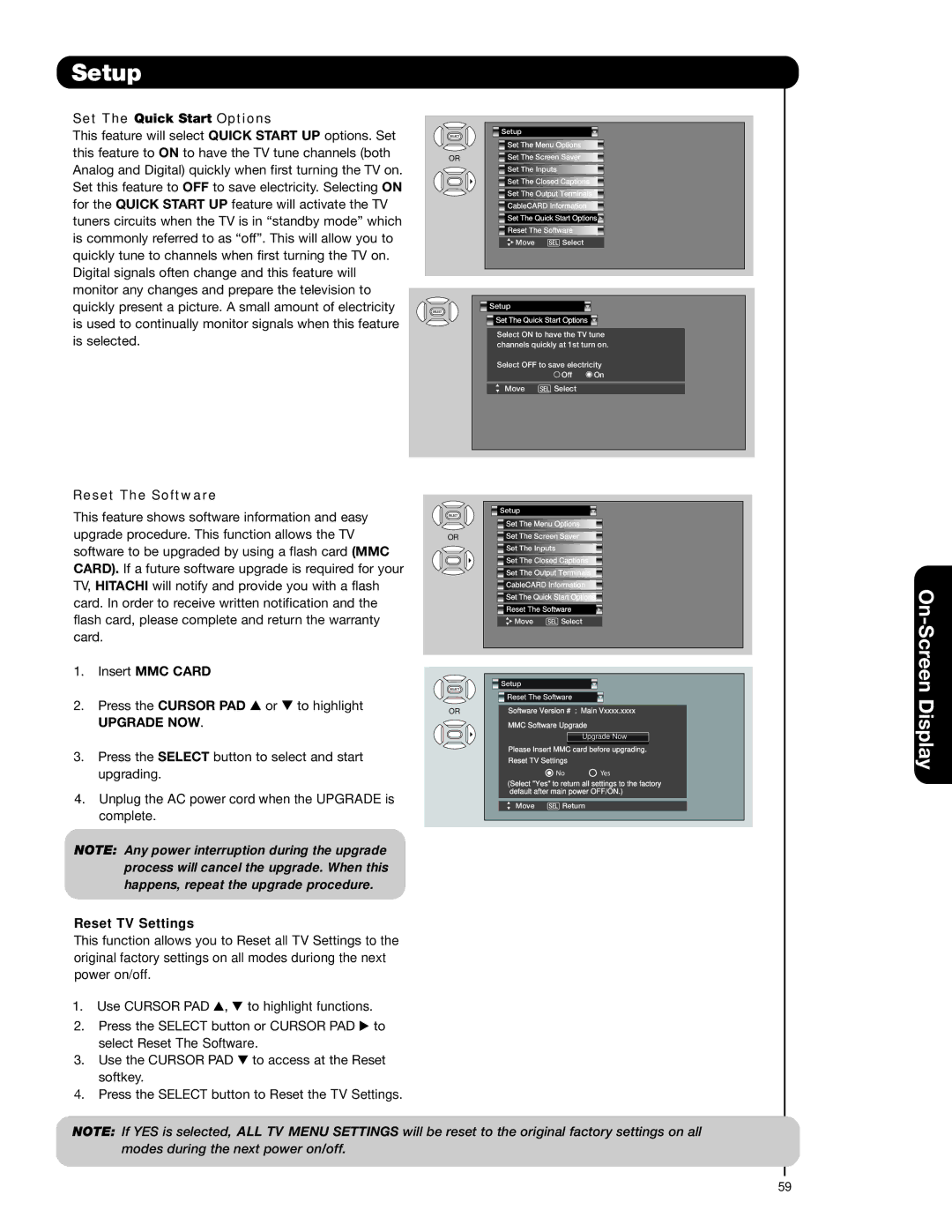 Hitachi 42HDS69, 55HDS69 Set The Quick Start Options, Reset The Software, Insert MMC Card, Upgrade NOW, Reset TV Settings 