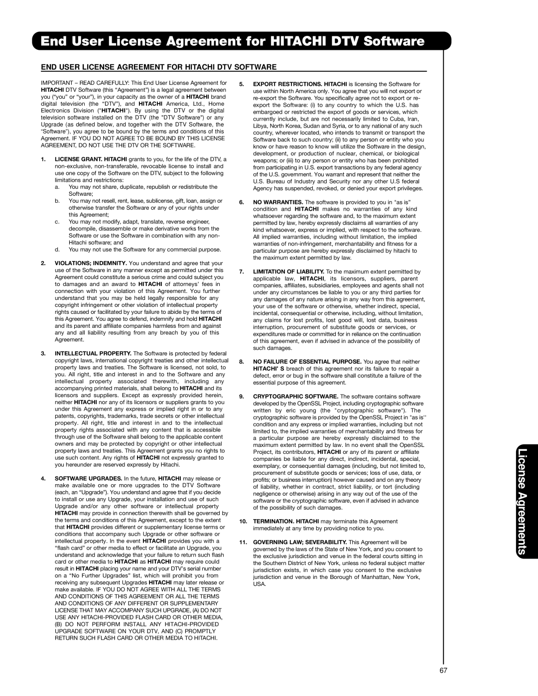 Hitachi 42HDS69 End User License Agreement for Hitachi DTV Software, END User License Agreement for Hitachi DTV Software 