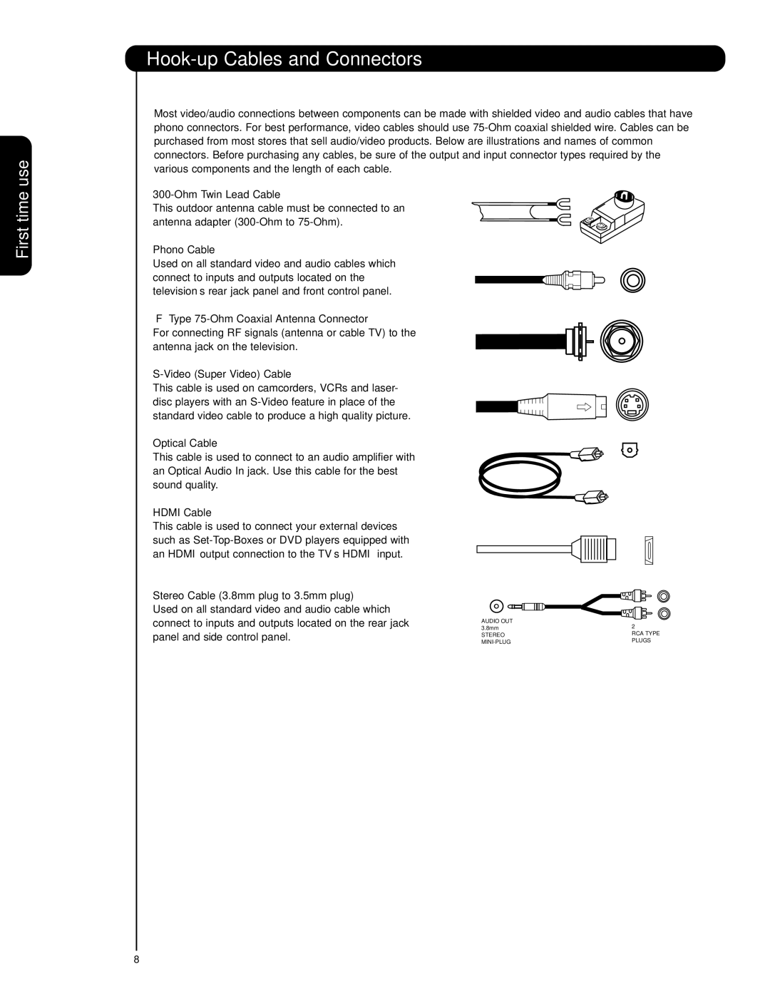 Hitachi 55HDS69, 42HDS69 important safety instructions Hook-up Cables and Connectors 