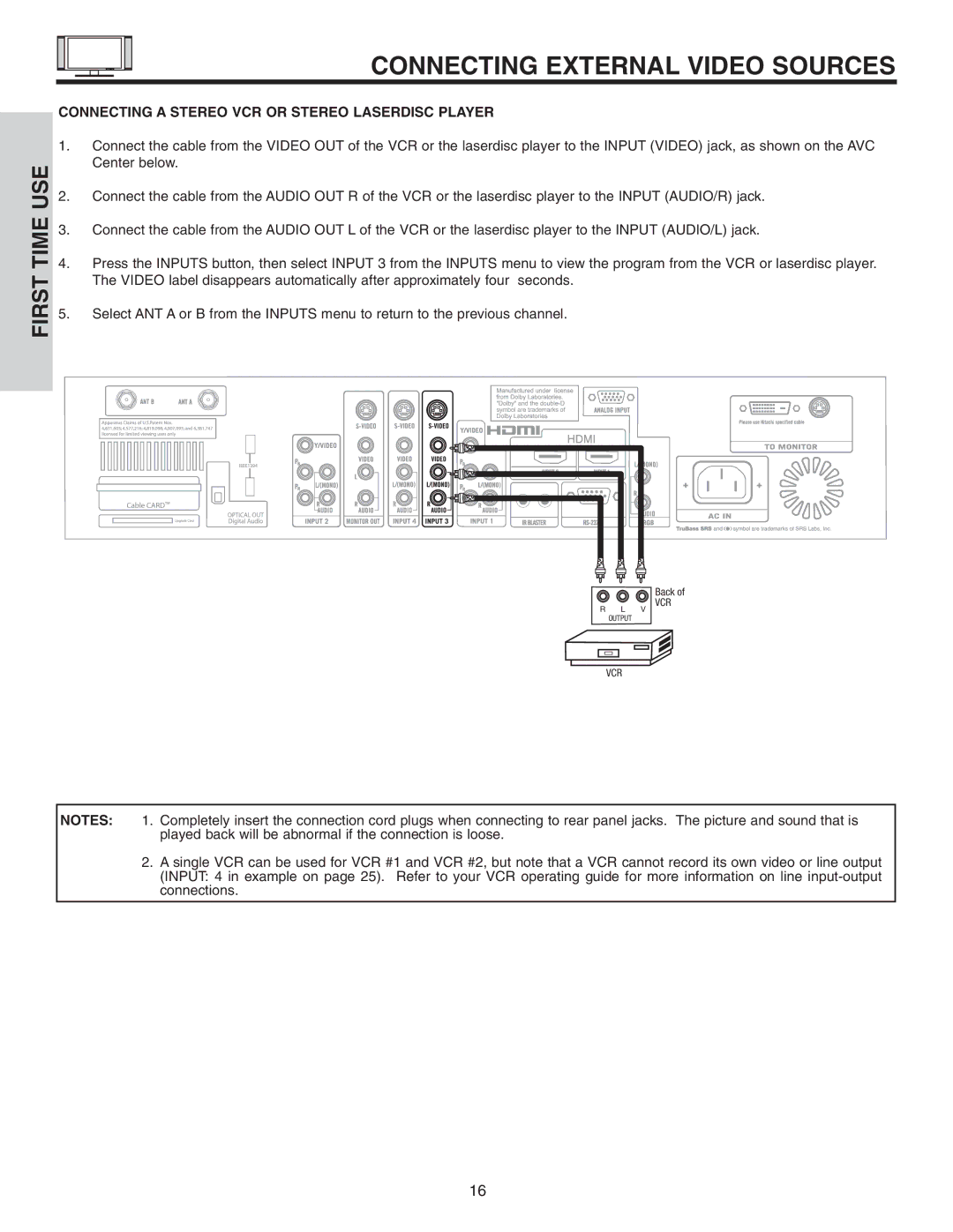 Hitachi 55HDT51, 42HDT51 important safety instructions Connecting a Stereo VCR or Stereo Laserdisc Player 