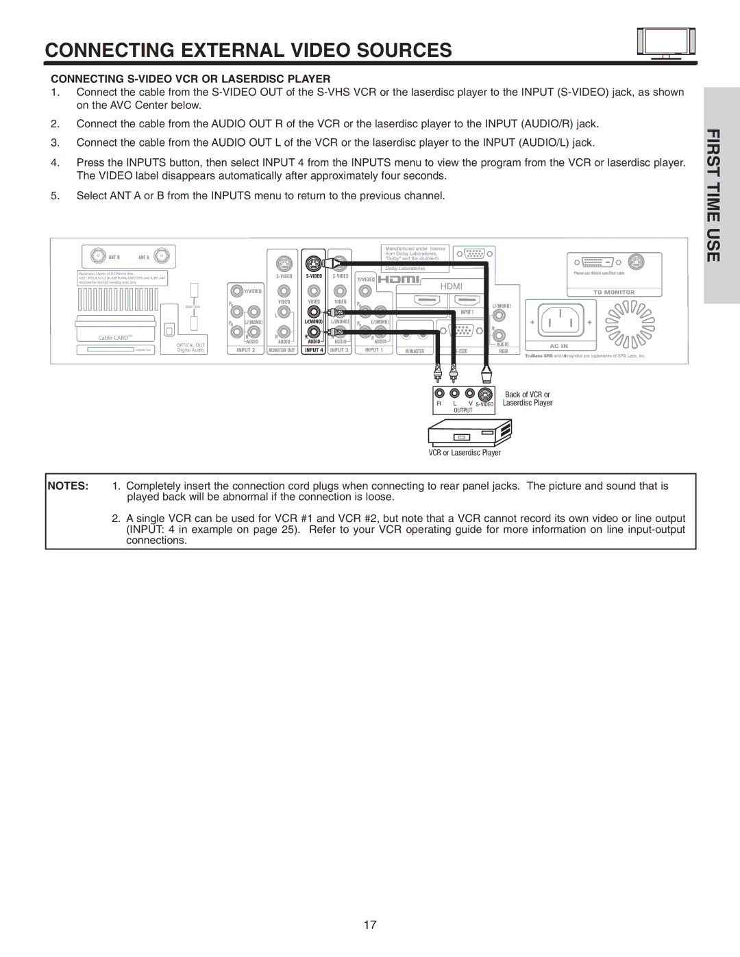 Hitachi 42HDT51, 55HDT51 important safety instructions Connecting S-VIDEO VCR or Laserdisc Player 