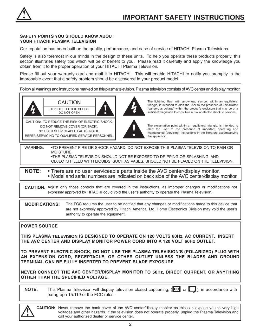 Hitachi 55HDT51, 42HDT51 Important Safety Instructions, Refer Servicing to Qualified Service Personnel 