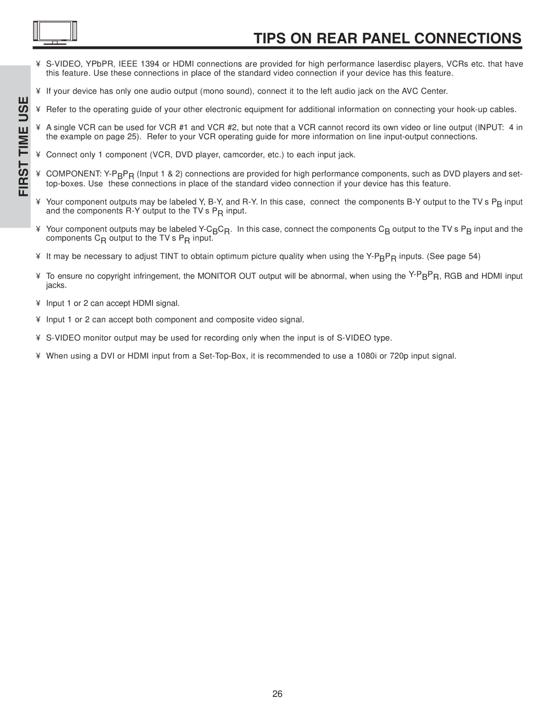 Hitachi 55HDT51, 42HDT51 important safety instructions Tips on Rear Panel Connections 