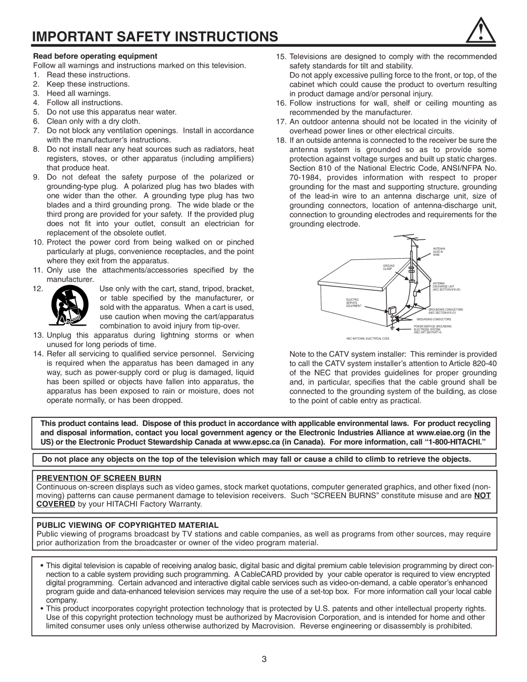 Hitachi 42HDT51 Read before operating equipment, Prevention of Screen Burn, Public Viewing of Copyrighted Material 