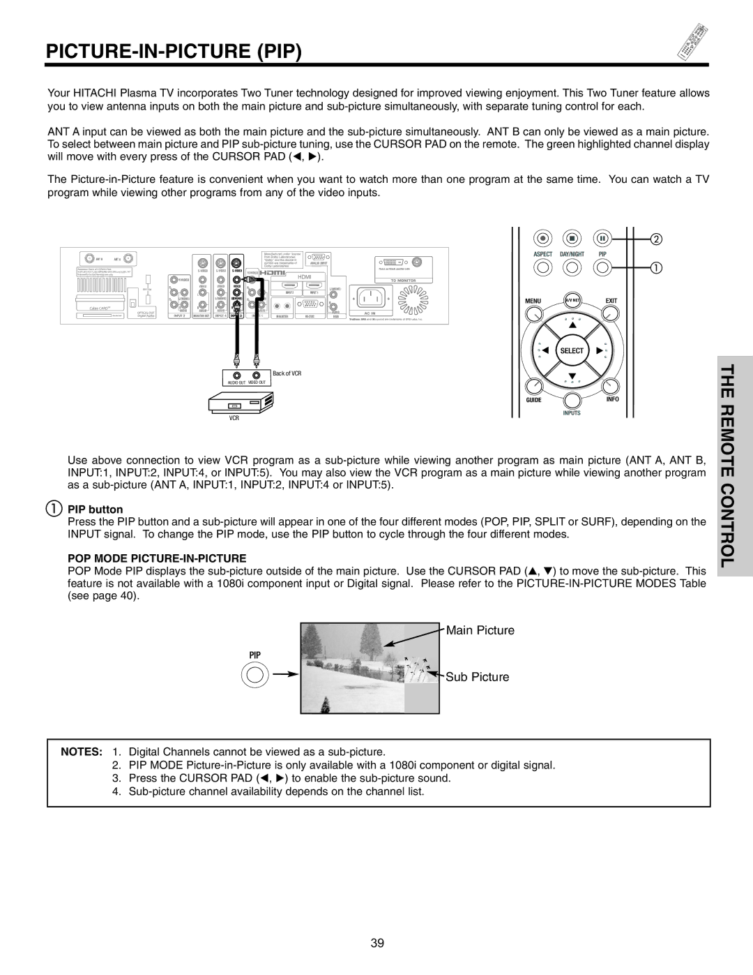 Hitachi 42HDT51, 55HDT51 important safety instructions Picture-In-Picture Pip, PIP button, POP Mode PICTURE-IN-PICTURE 