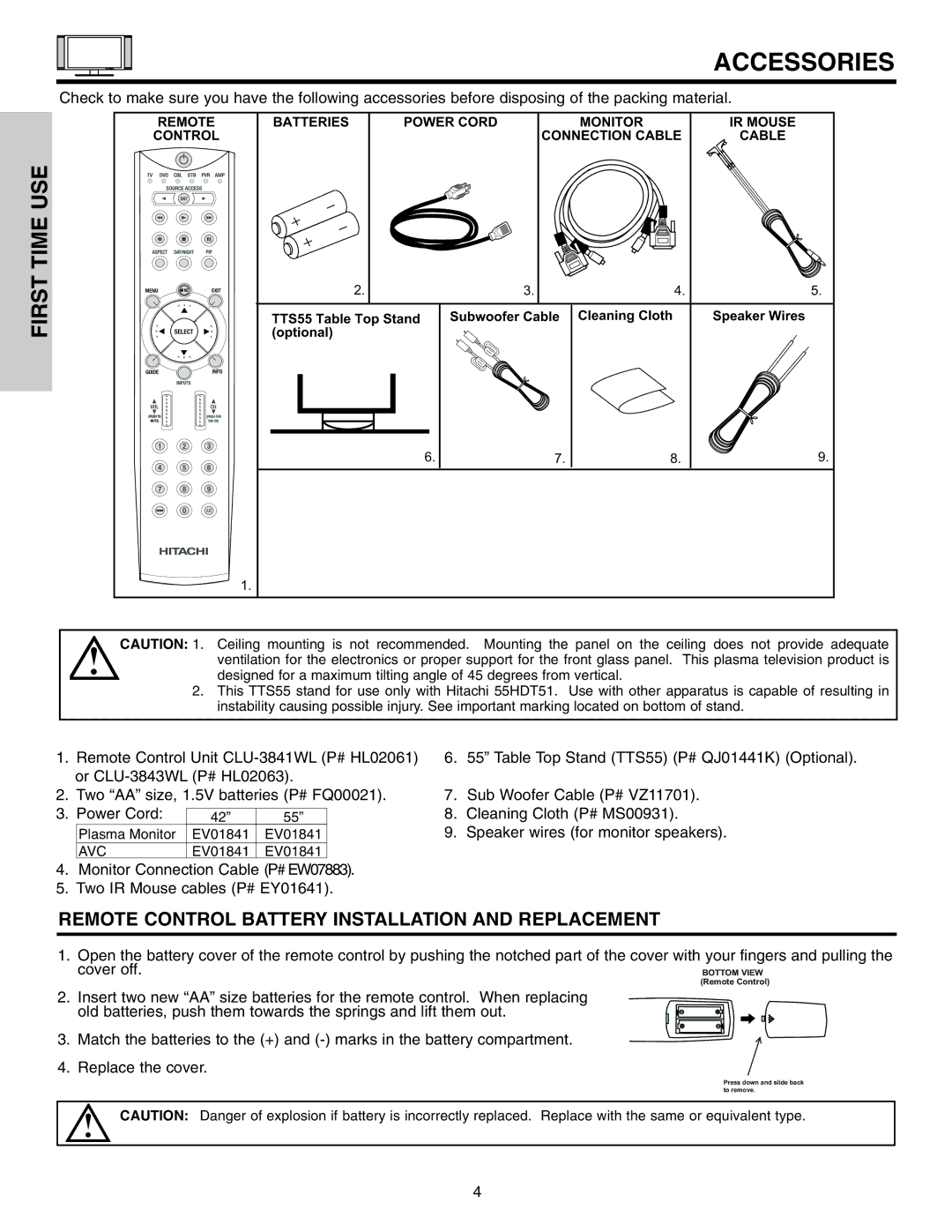 Hitachi 55HDT51, 42HDT51 important safety instructions Accessories, Time USE First 