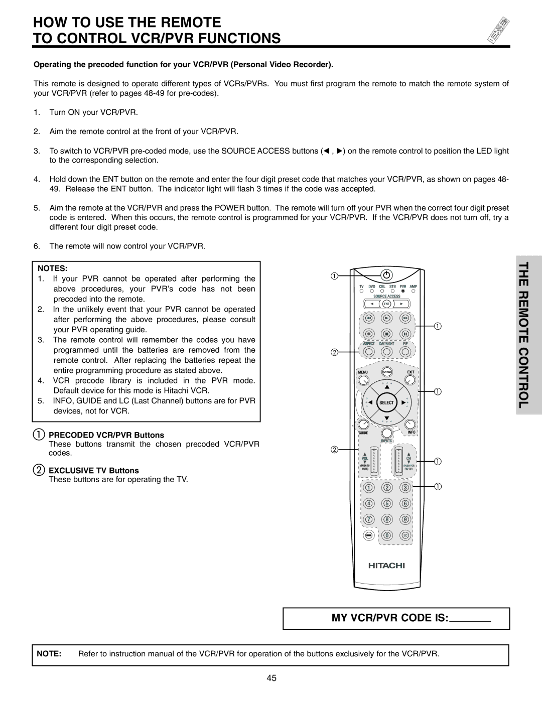 Hitachi 42HDT51, 55HDT51 HOW to USE the Remote To Control VCR/PVR Functions, Precoded VCR/PVR Buttons 