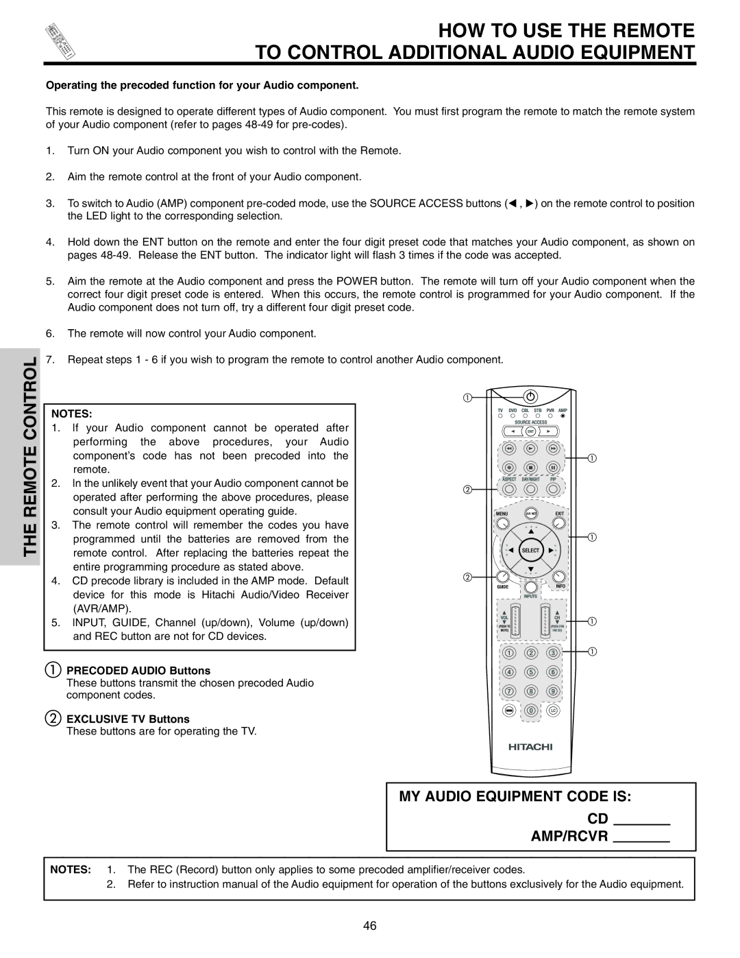 Hitachi 55HDT51, 42HDT51 HOW to USE the Remote To Control Additional Audio Equipment, Precoded Audio Buttons 