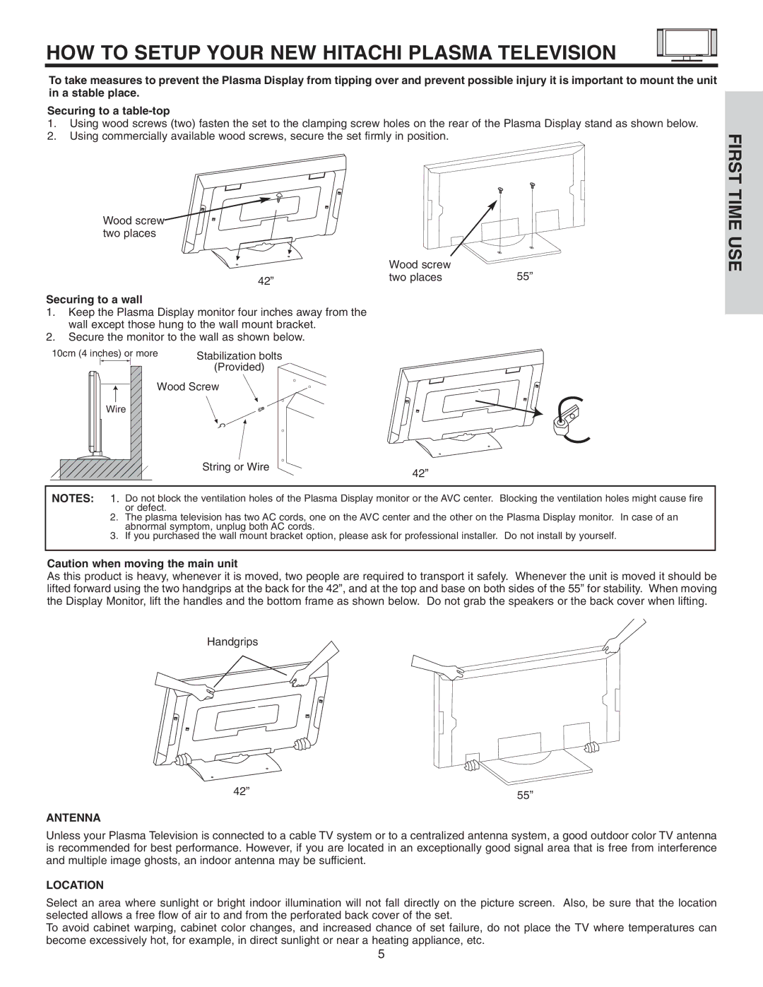 Hitachi 42HDT51, 55HDT51 HOW to Setup Your NEW Hitachi Plasma Television, Securing to a wall, Antenna, Location 