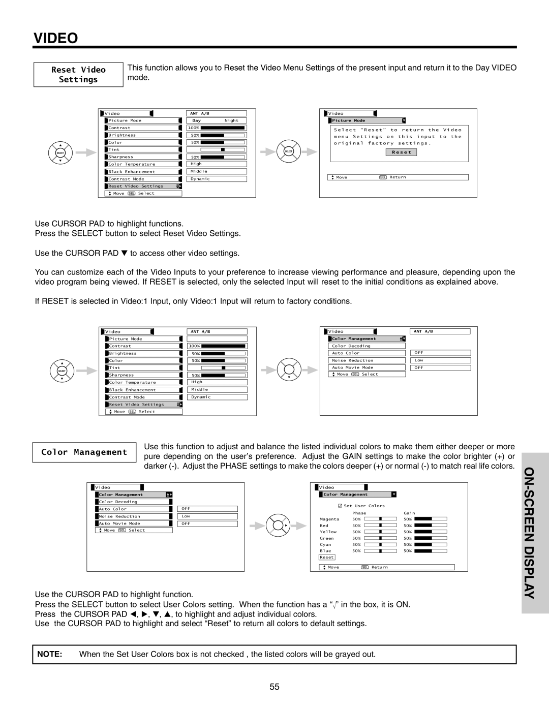 Hitachi 42HDT51, 55HDT51 important safety instructions Reset Video Settings, Color Management 